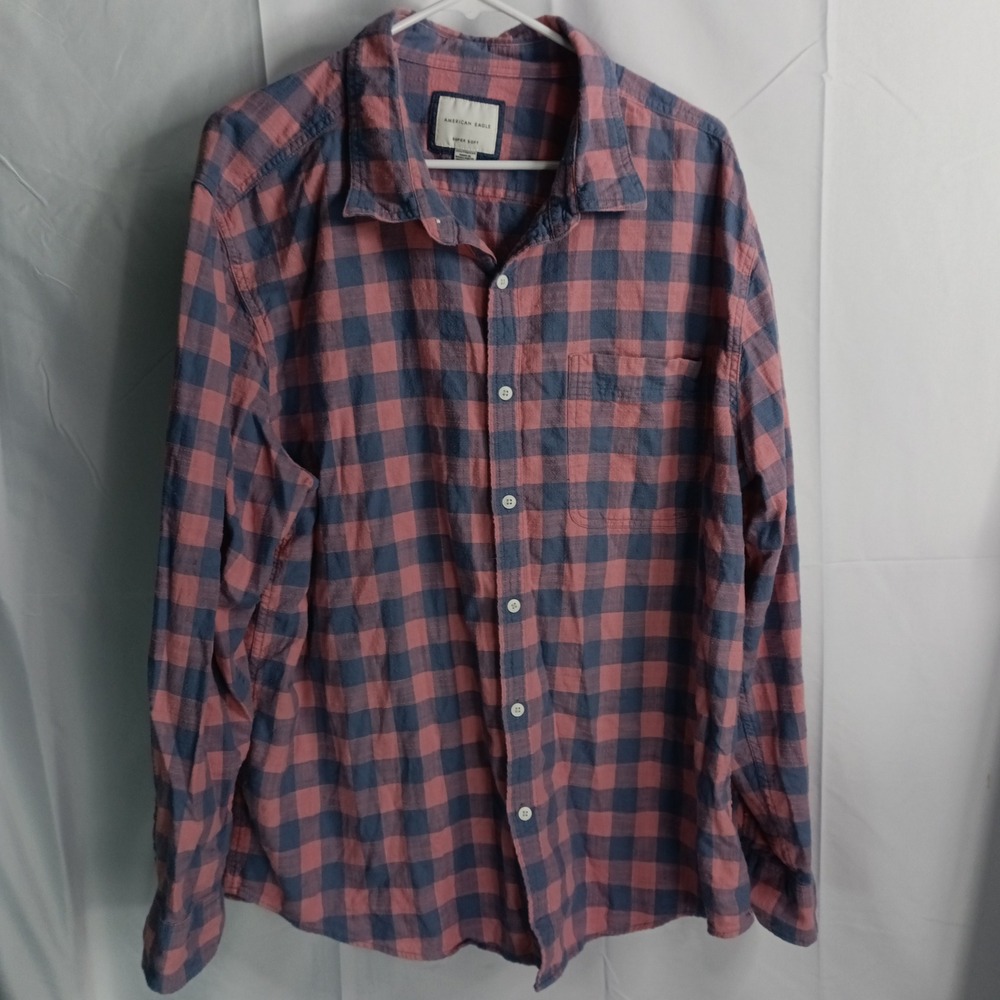 American Eagle Super Soft Mens XXL Pink Blue Check Flannel Button Down Shirt